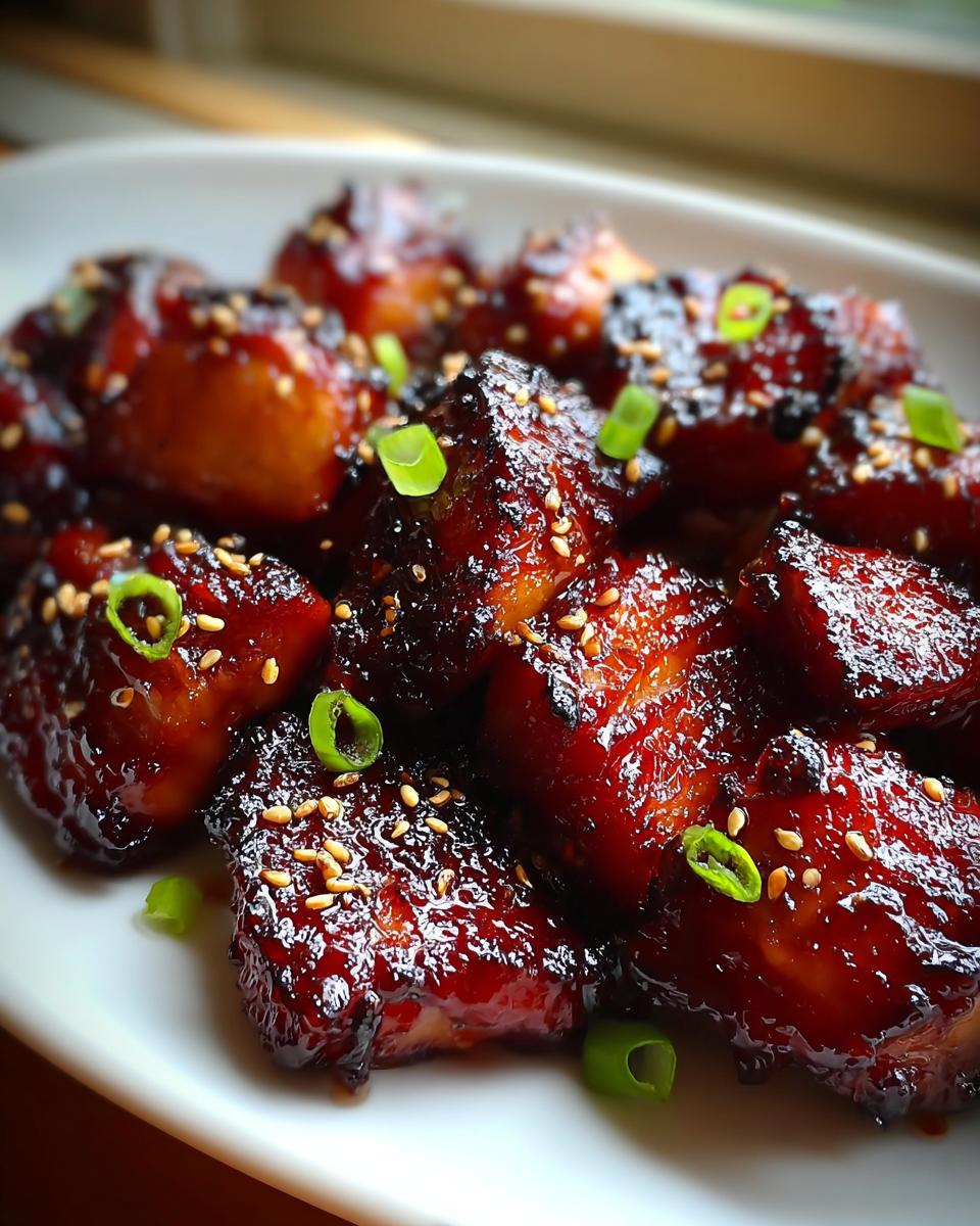 Close-up of glazed Easy Char Siu Chicken bites, garnished with sesame seeds and green onions.