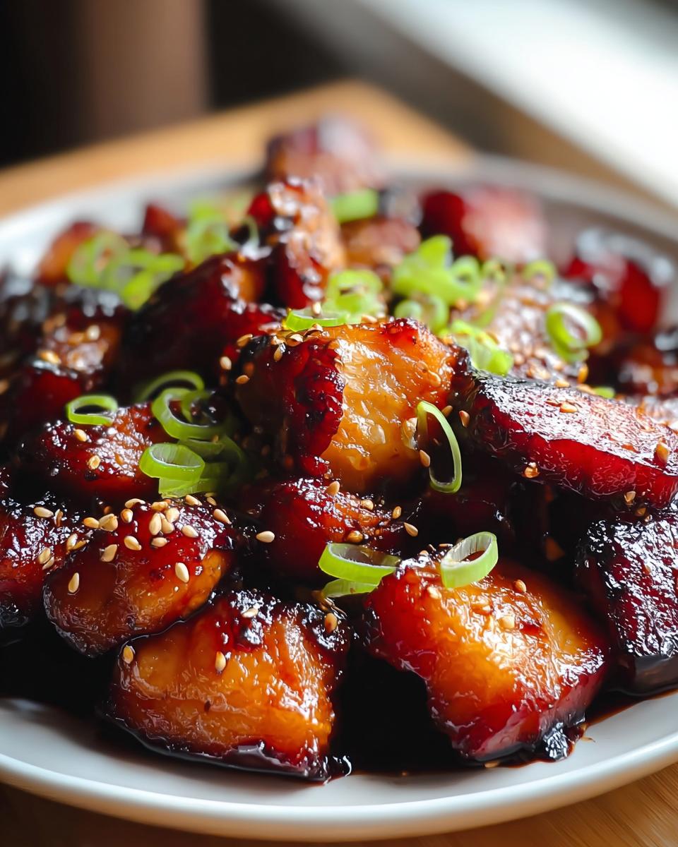 Close-up of succulent, glazed chicken pieces for an Easy Char Siu Chicken Recipe, garnished with sesame seeds and green onions.