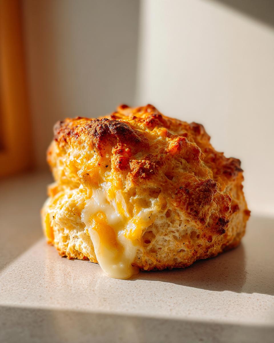 A close-up of an easy cheese scone with golden-brown crust and melted cheese oozing out.