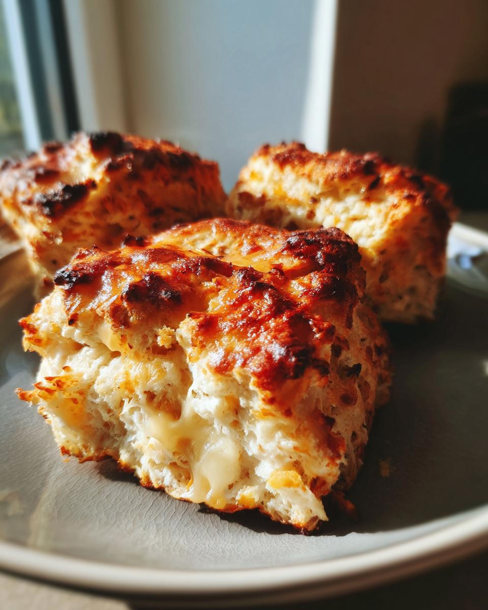 Close-up of three golden-brown easy cheese scones on a grey plate, with molten cheese oozing from one.