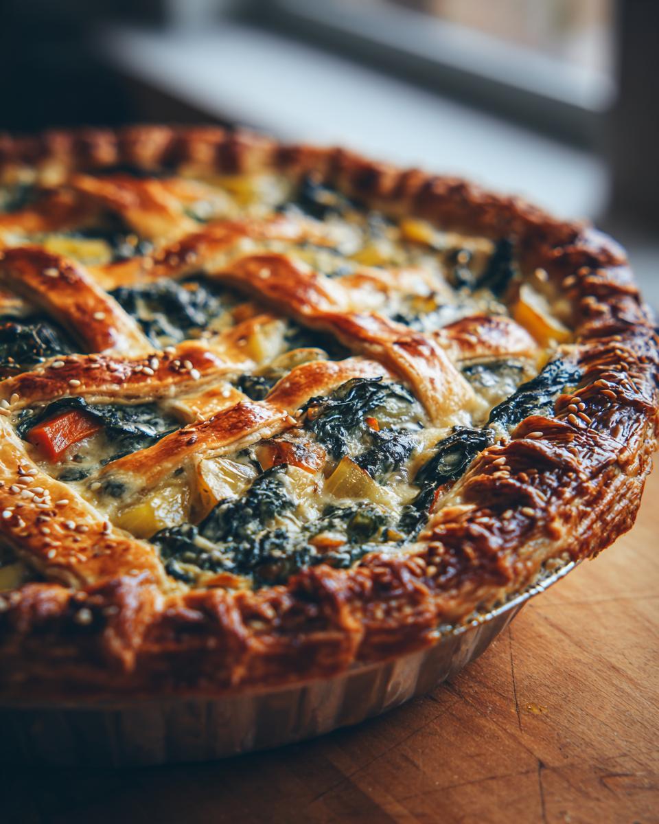 Close-up of a golden-brown Easy Cheesy Vegetable Lattice Pie, showing the lattice top and vegetable filling.
