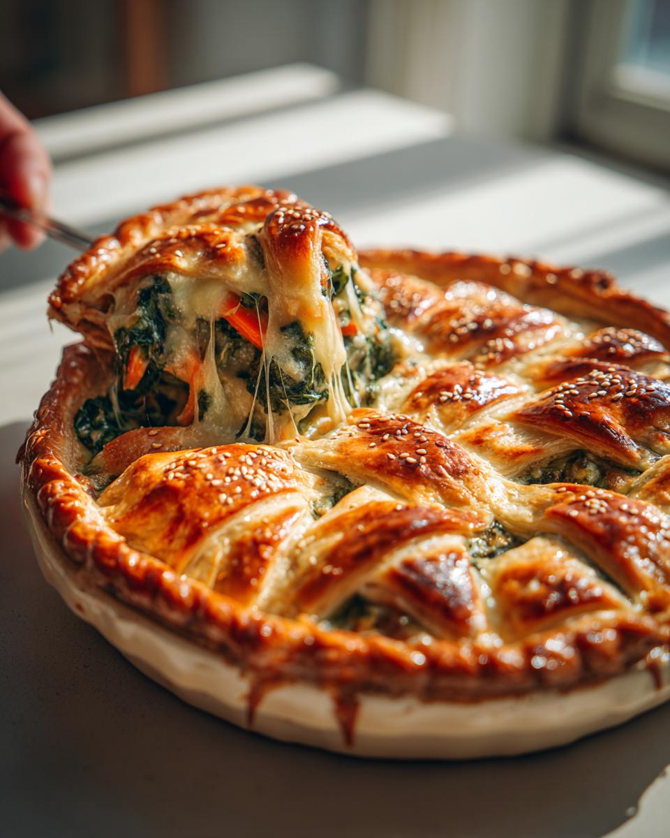 A slice of Easy Cheesy Vegetable Lattice Pie being lifted, showing melted cheese and vegetables.