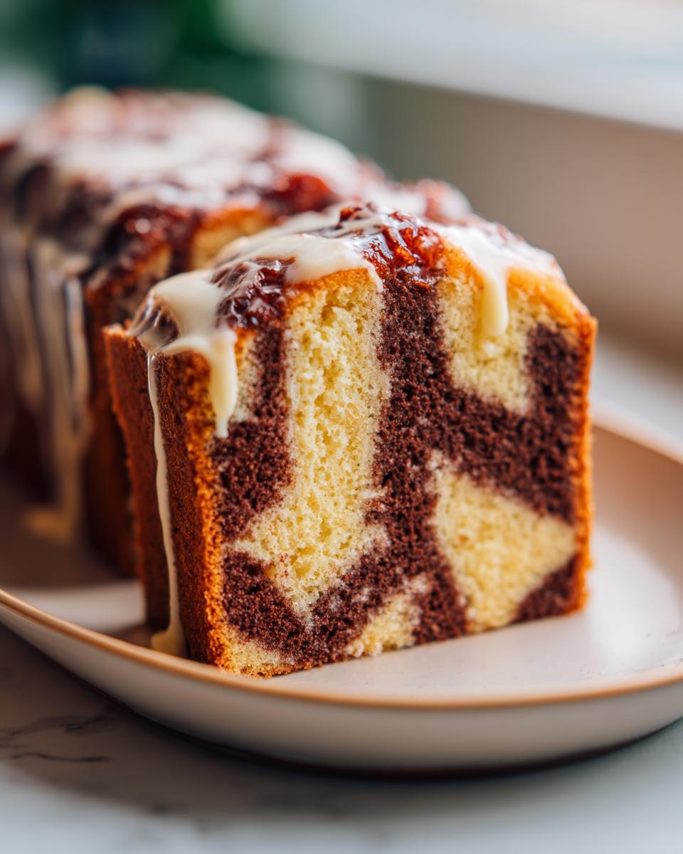 A slice of easy chocolate Battenberg cake with a marbled chocolate and vanilla sponge, topped with icing and jam.