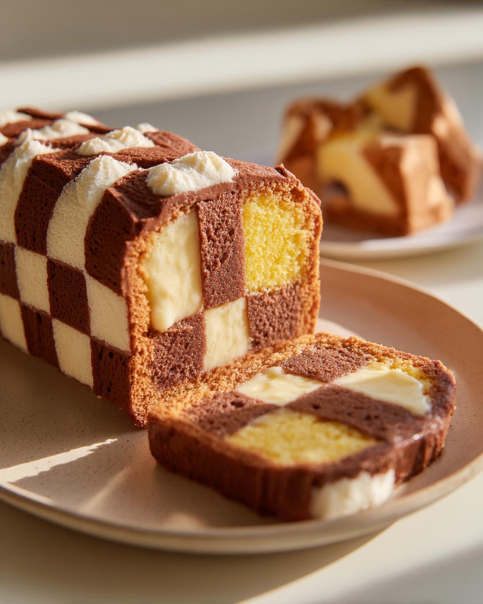 A slice of easy chocolate Battenberg cake showing the distinctive checkerboard pattern of chocolate and vanilla sponge with a creamy filling.