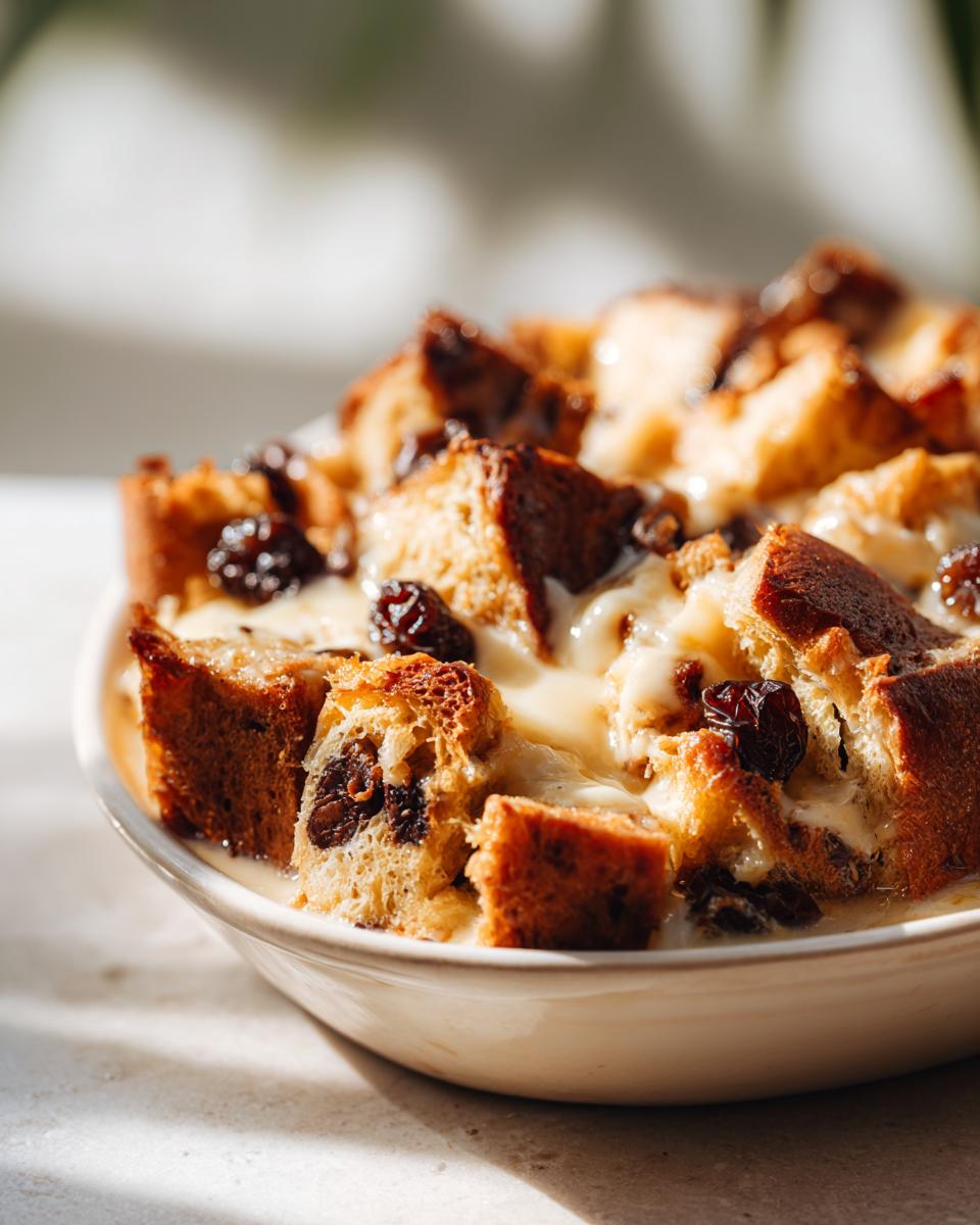 Close-up of a bowl filled with easy chocolate bread and butter pudding, showing chunks of bread soaked in custard and dotted with raisins.