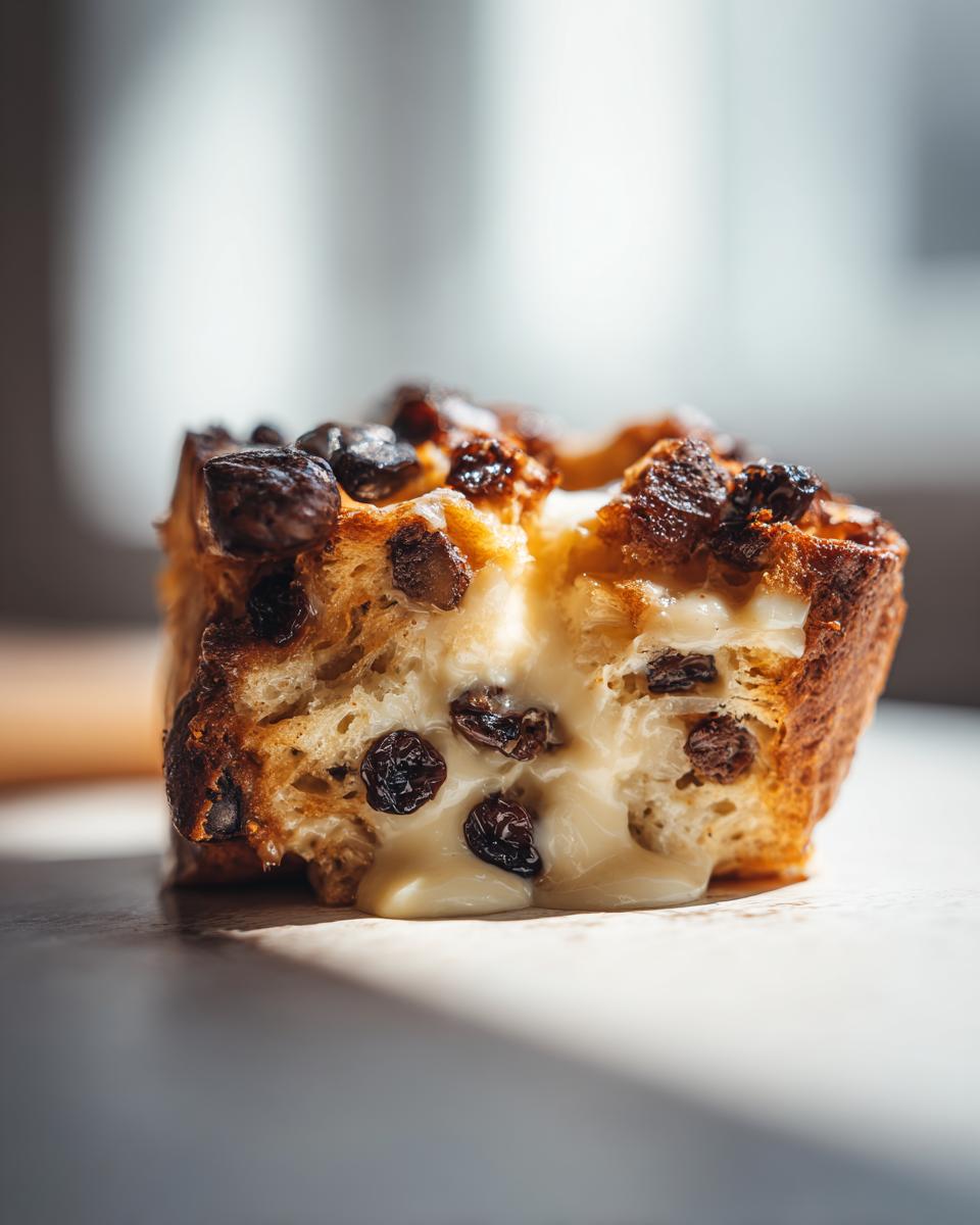 A close-up view of a slice of easy chocolate bread and butter pudding, with melted custard oozing out and plump raisins visible.