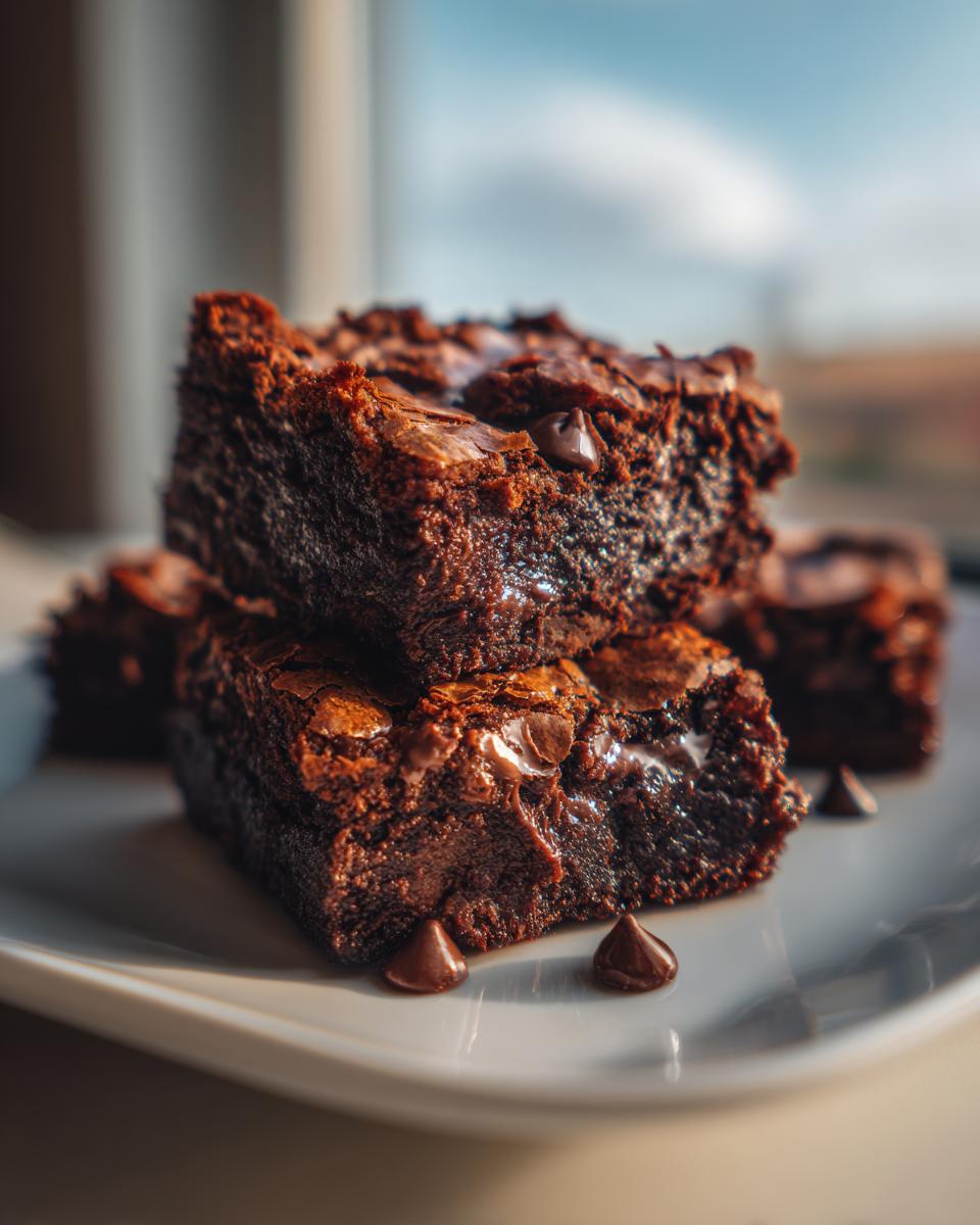 A close-up shot of a stack of rich, fudgy easy chocolate chip brownies, with melted chocolate chips visible.