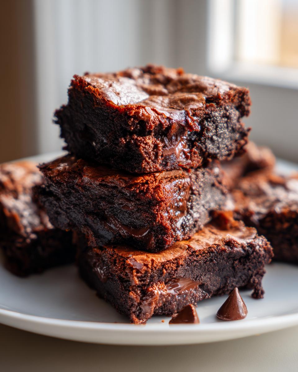 A close-up stack of fudgy easy chocolate chip brownies with melted chocolate chips visible.