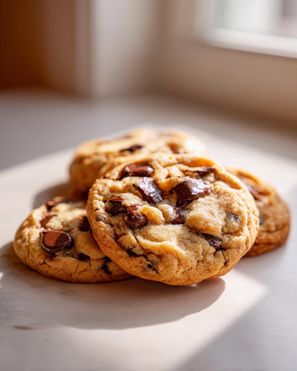 Close-up of delicious, golden-brown easy chocolate chip cookies with generous chunks of dark chocolate.