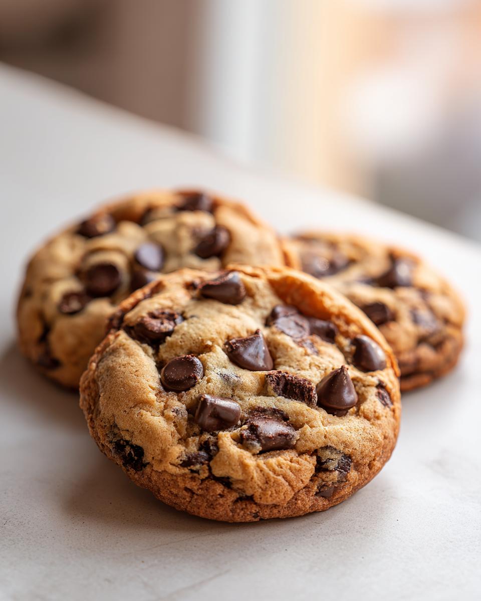 Close-up of three delicious easy chocolate chip cookies, generously studded with chocolate chunks.