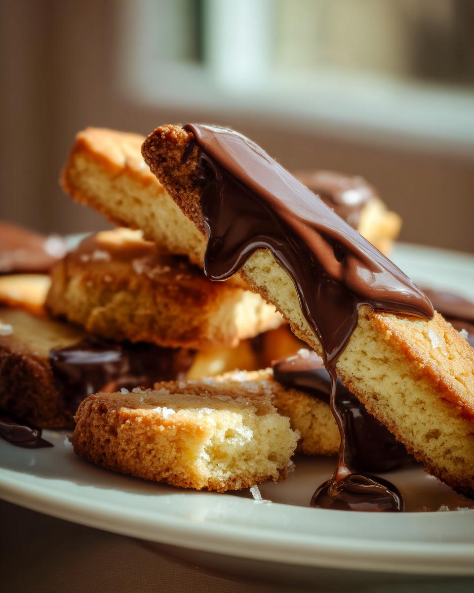 Close-up of easy chocolate dipped shortbread biscuits stacked on a plate, with melted chocolate dripping.