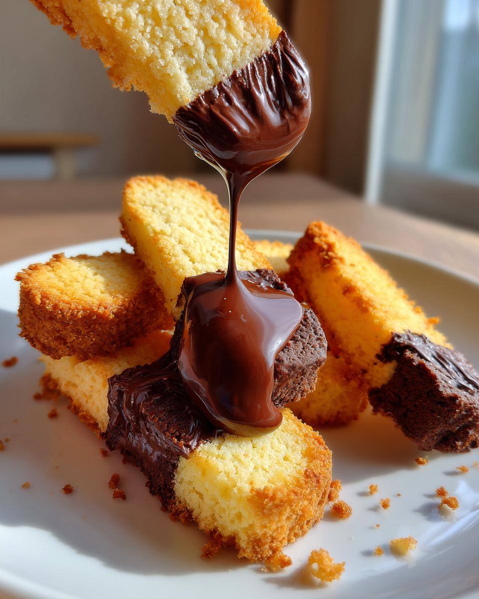 A close-up shot of easy chocolate dipped shortbread being drizzled with more melted chocolate.