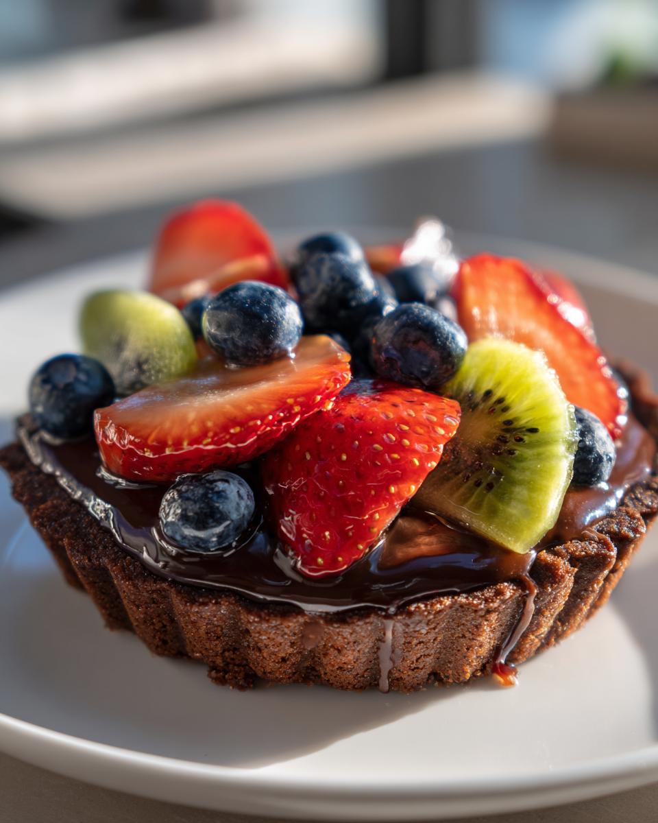 A close-up of an easy chocolate fruit tart topped with fresh strawberries, blueberries, and kiwi.