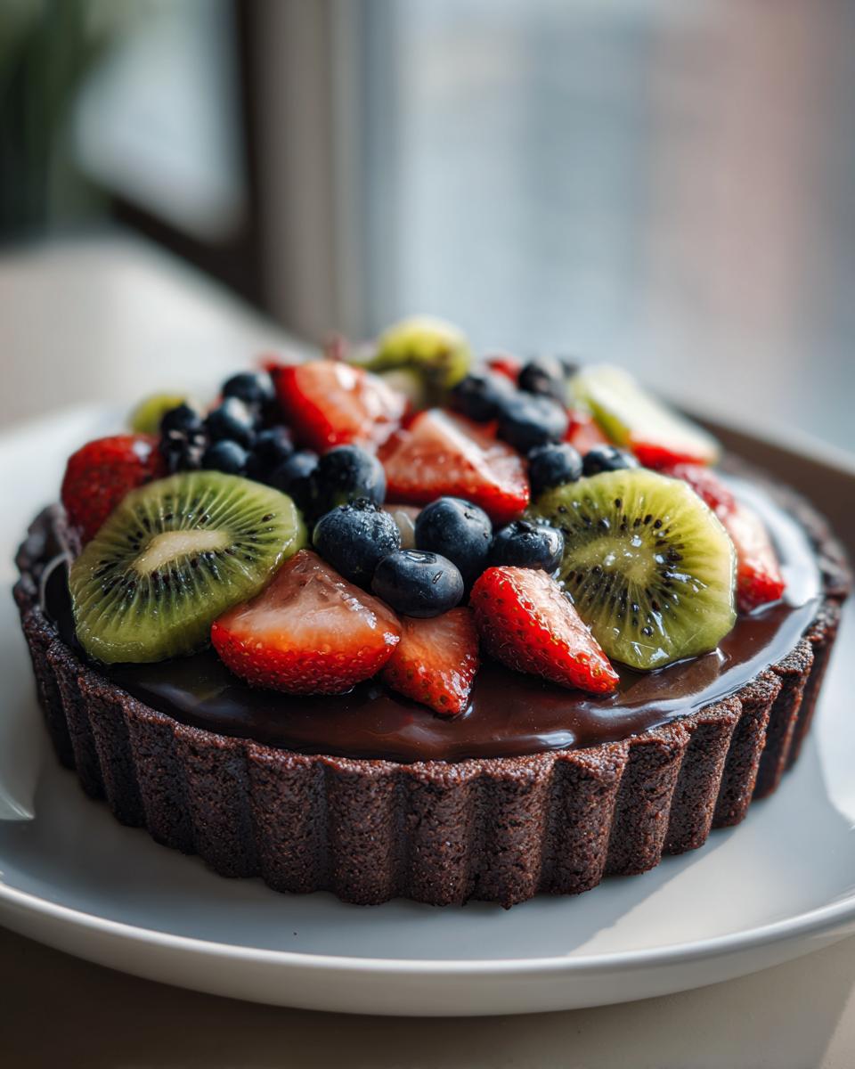 A close-up of an easy chocolate fruit tart, generously topped with fresh strawberries, blueberries, and kiwi slices.