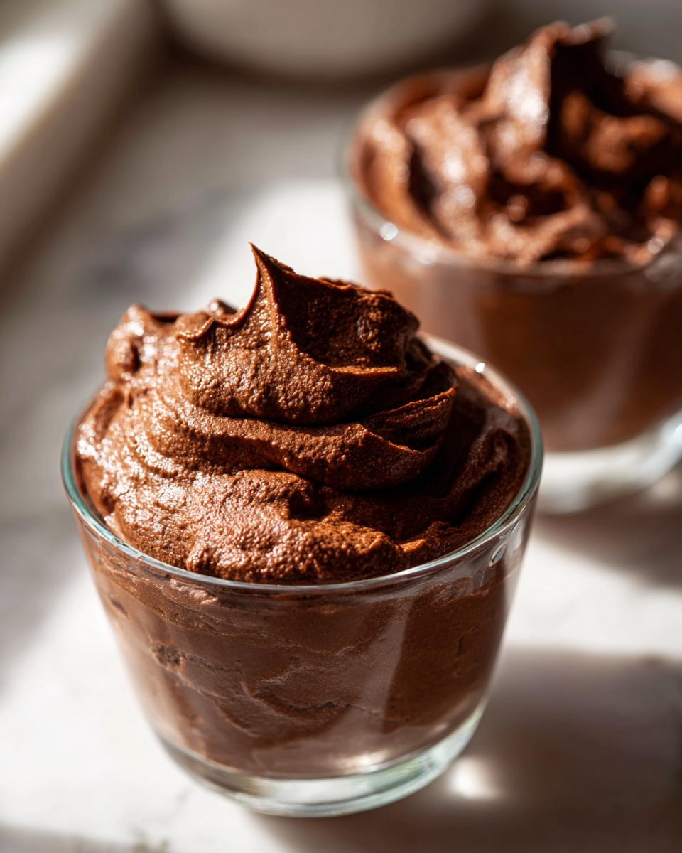 Close-up of a decadent easy chocolate mousse served in a clear glass, with another serving blurred in the background.