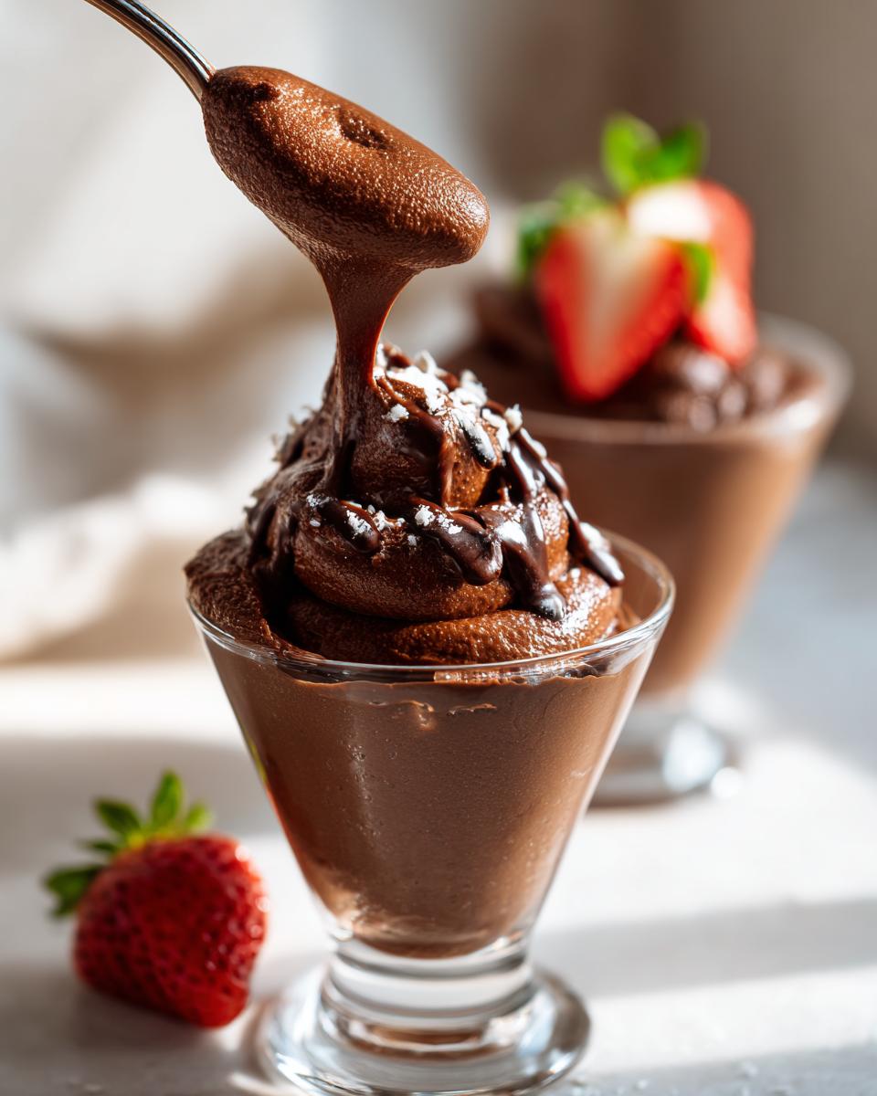 A spoonful of rich easy chocolate mousse being drizzled over a serving, garnished with strawberries.