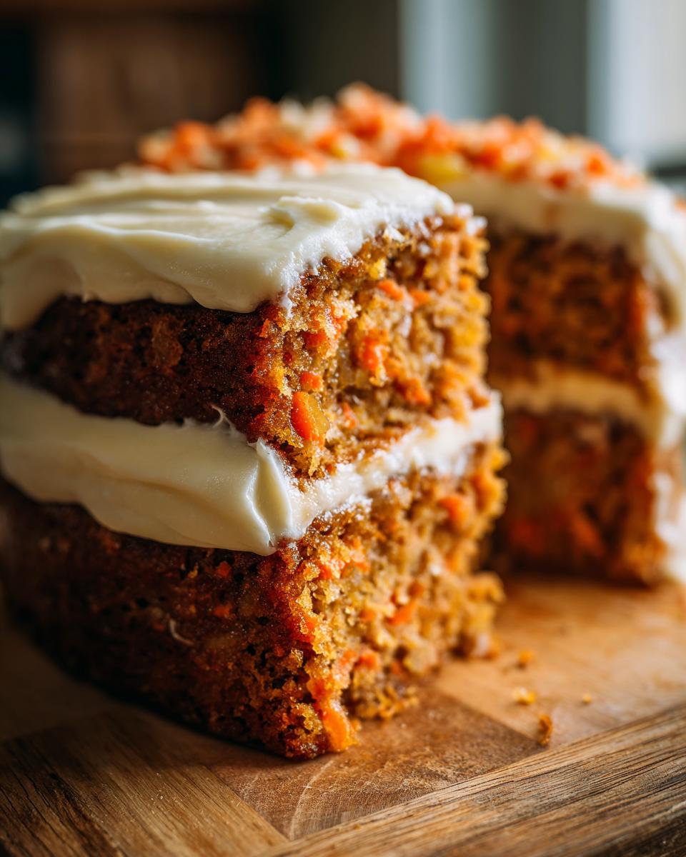 A close-up of a slice of easy classic carrot cake, showing layers of moist cake and cream cheese frosting.