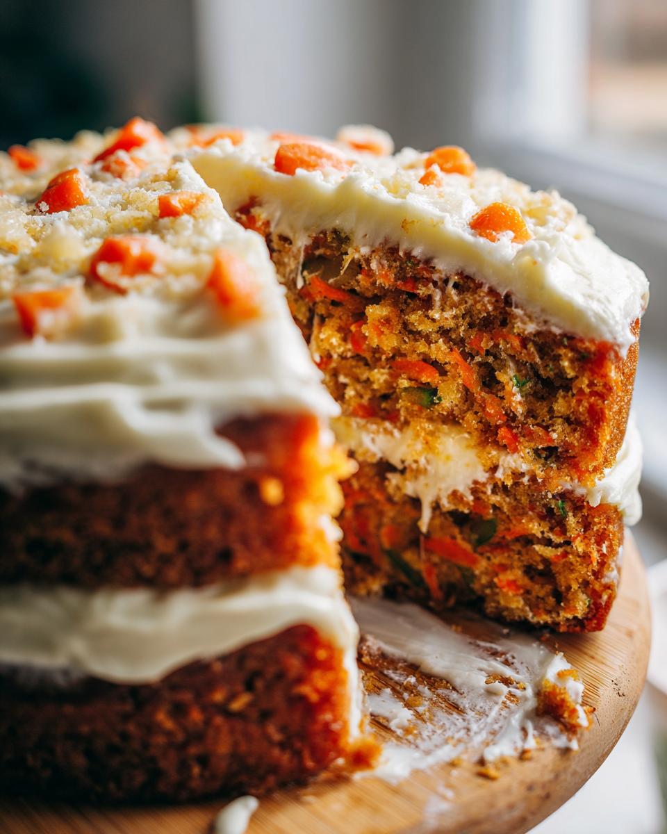 A slice of moist easy classic carrot cake with creamy frosting and visible carrot shreds.