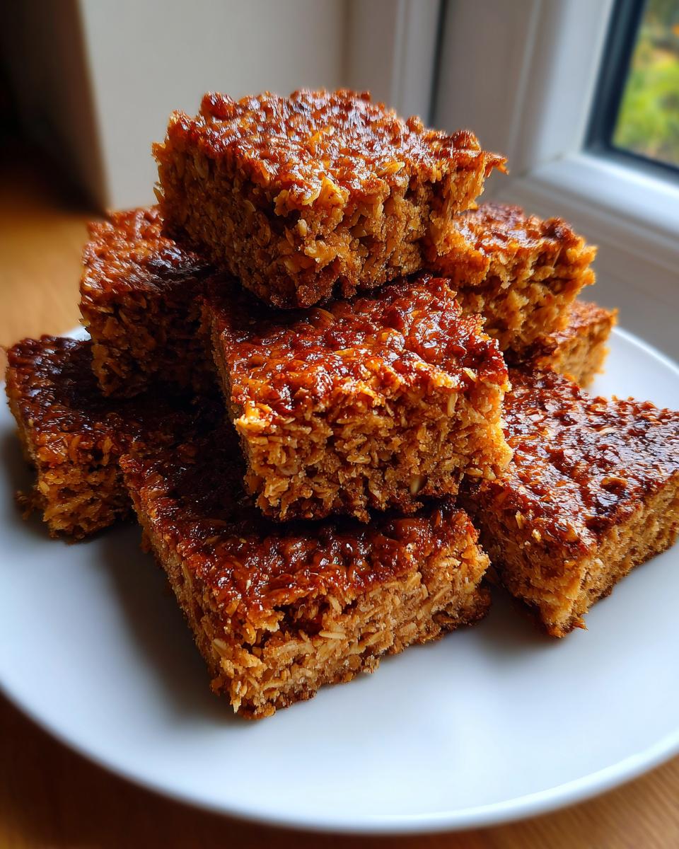 A stack of golden brown, chewy easy classic flapjacks on a white plate, ready to be enjoyed.