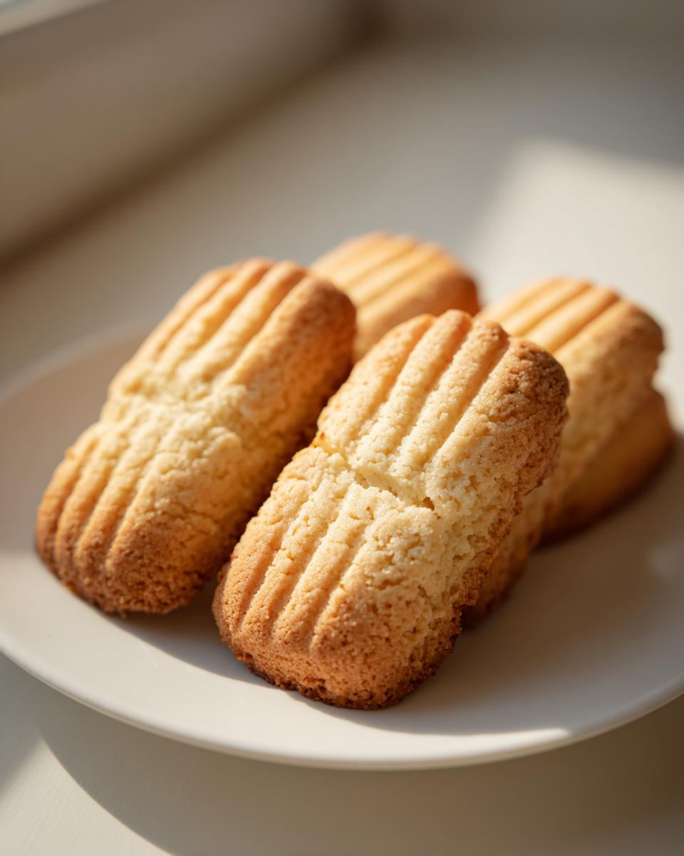 Close-up of golden-brown easy classic shortbread fingers with ridged texture on a white plate.