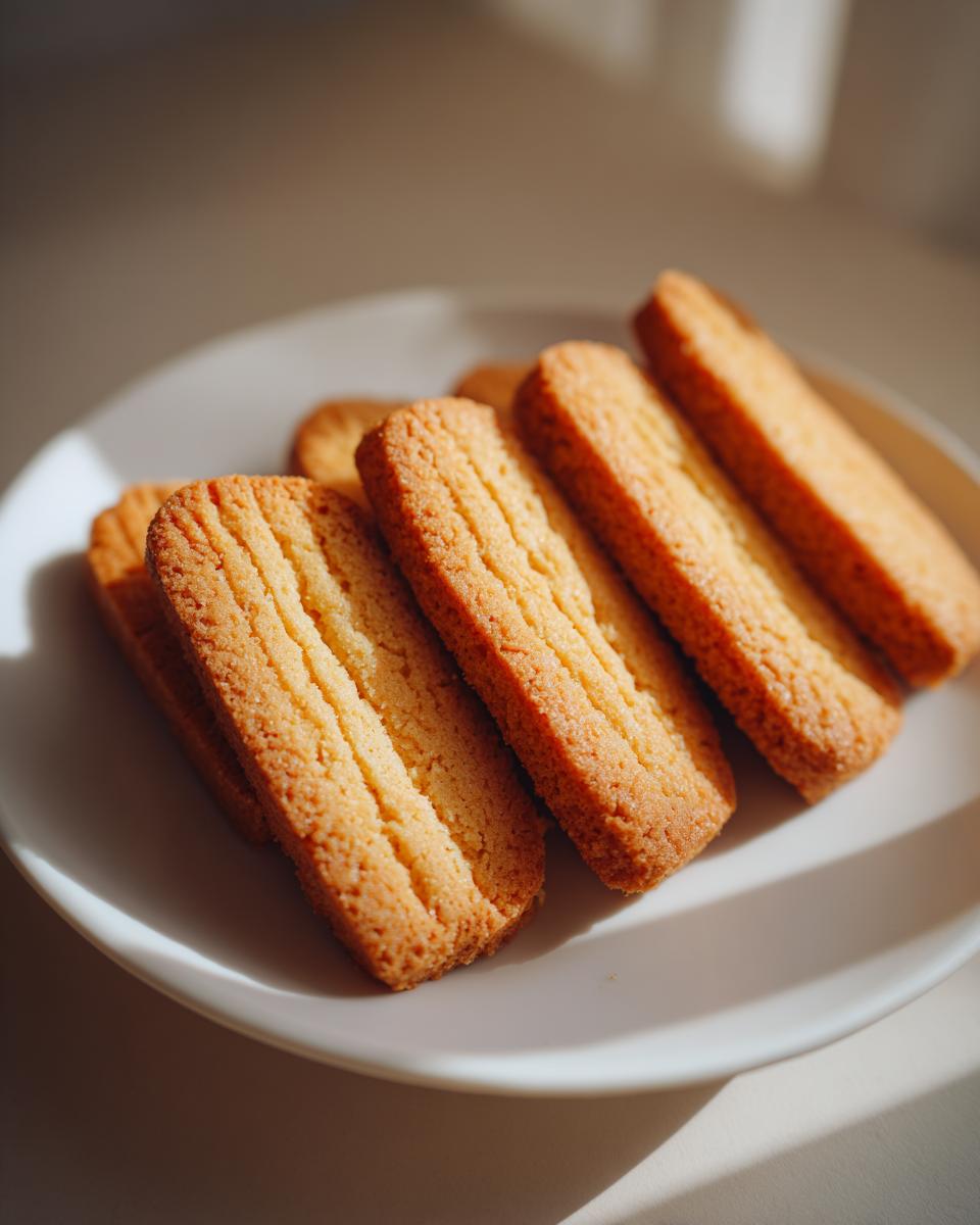 A close-up shot of several golden-brown easy classic shortbread fingers arranged on a white plate.