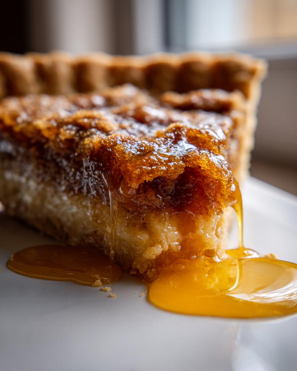 A close-up of a slice of easy classic treacle tart with golden syrup oozing from the filling onto a white plate.