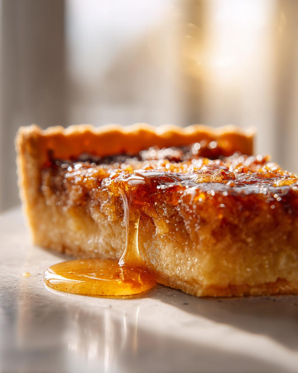 Close-up of a slice of easy classic treacle tart with golden syrup dripping.