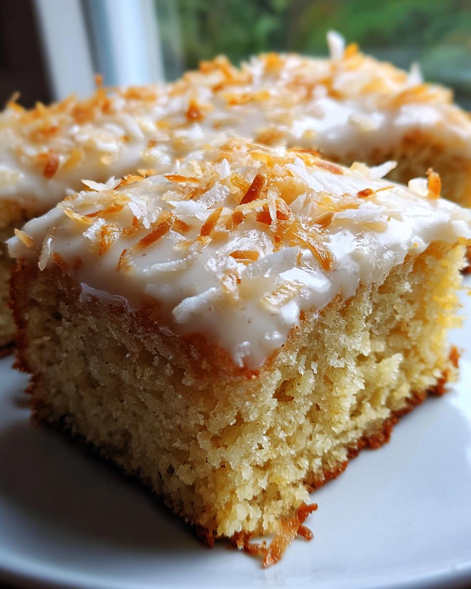 Close-up of a slice of moist easy coconut traybake, topped with white icing and toasted coconut flakes.