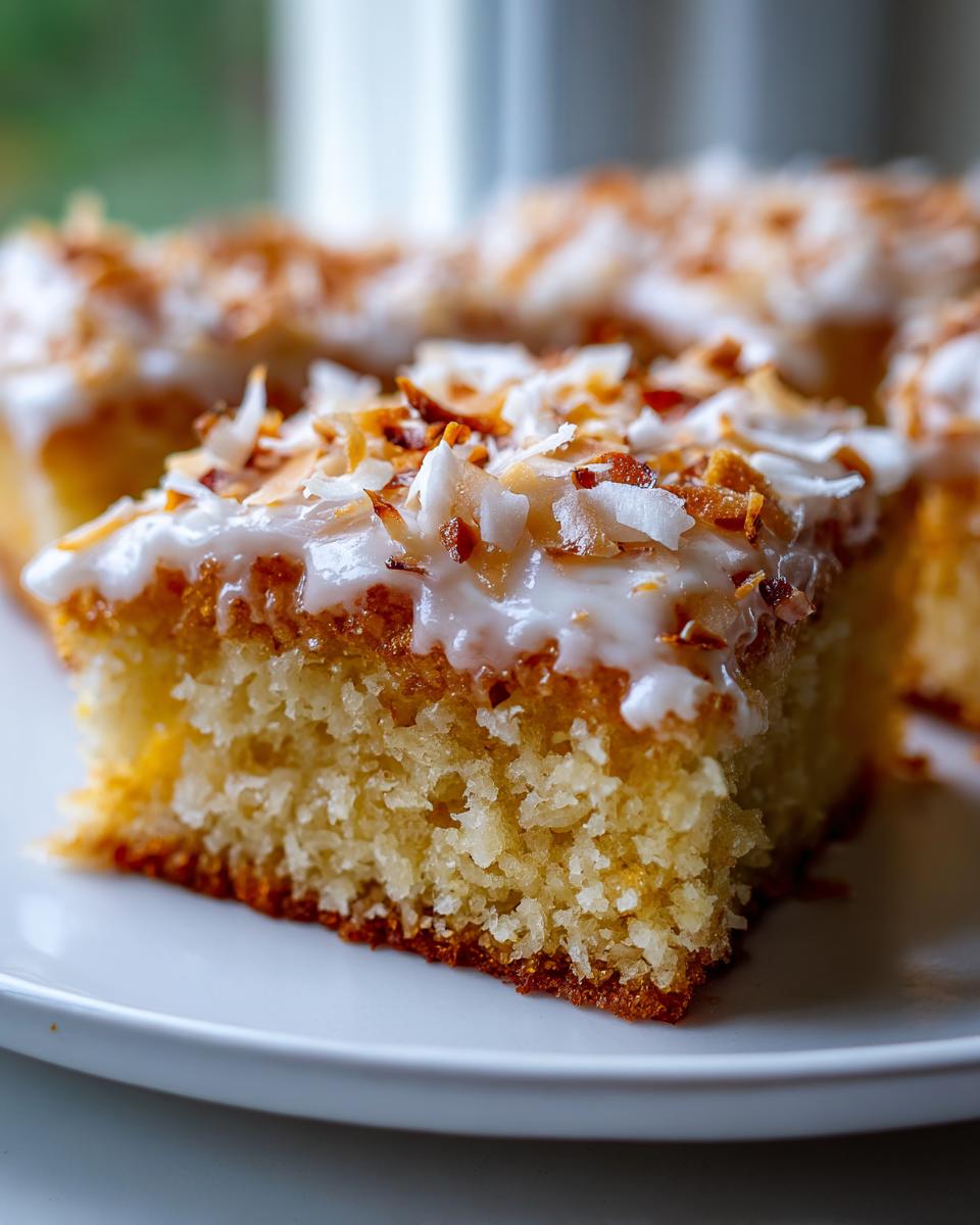 A close-up of a slice of easy coconut traybake, topped with white icing and toasted coconut flakes.