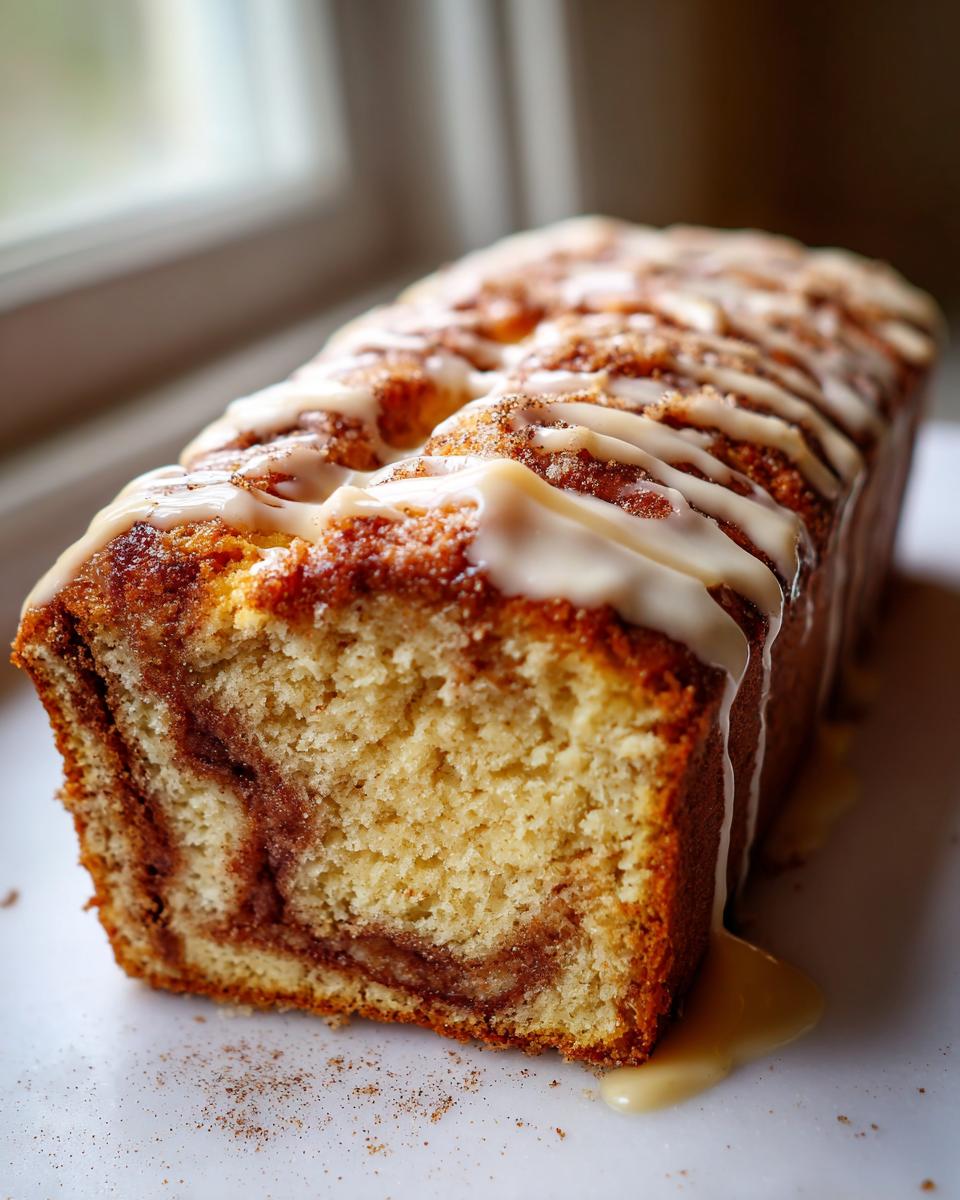 A close-up of a freshly baked easy coffee cake loaf, drizzled with a sweet glaze and dusted with cinnamon.