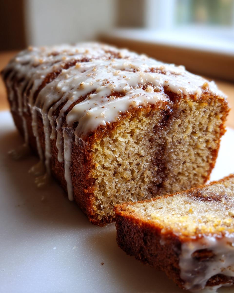 A close-up of an easy coffee cake loaf, drizzled with white glaze and sprinkled with cinnamon sugar.