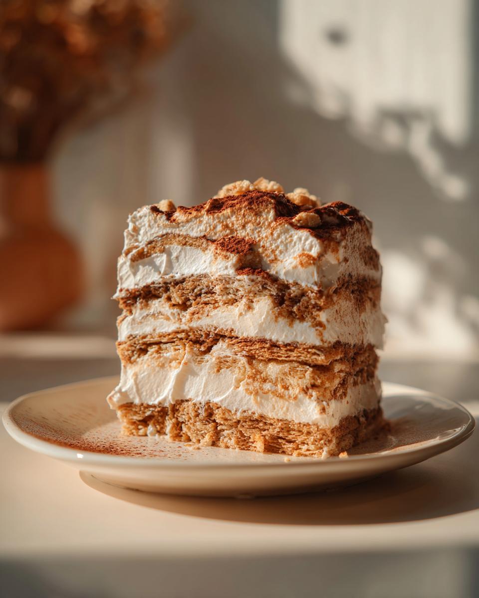 A close-up of a slice of easy coffee icebox cake, layered with cream and biscuits, dusted with cocoa powder.