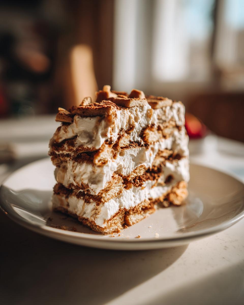 A delicious slice of easy coffee icebox cake with layers of cream and biscuits, topped with crumbs.
