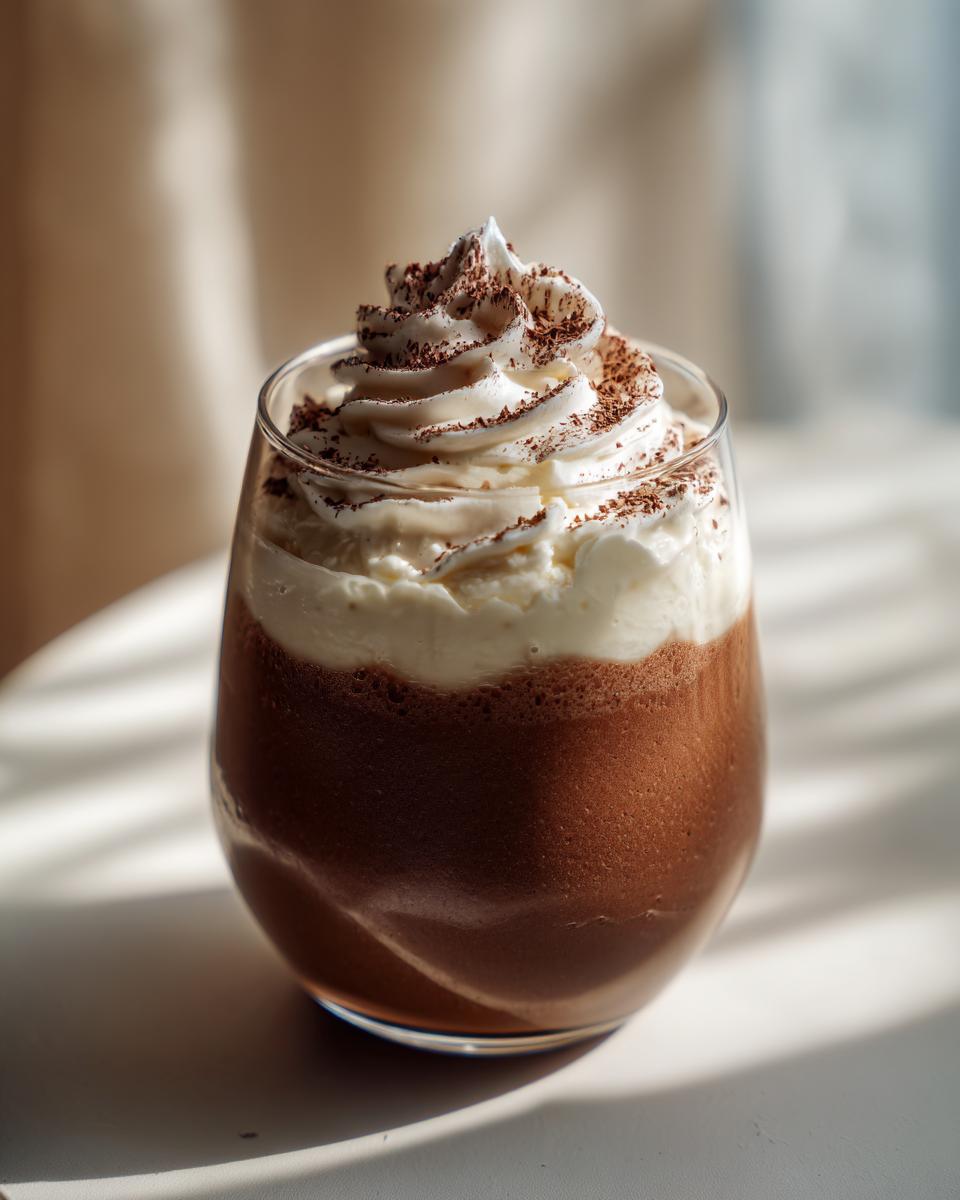 A close-up of an easy coffee mousse in a glass, topped with whipped cream and dark chocolate shavings.