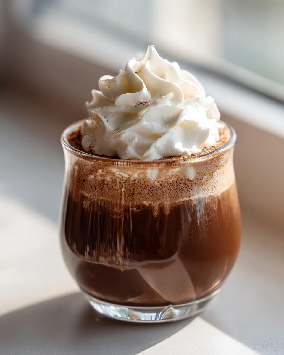 A close-up of a glass of easy coffee mousse topped with whipped cream and a dusting of cocoa.