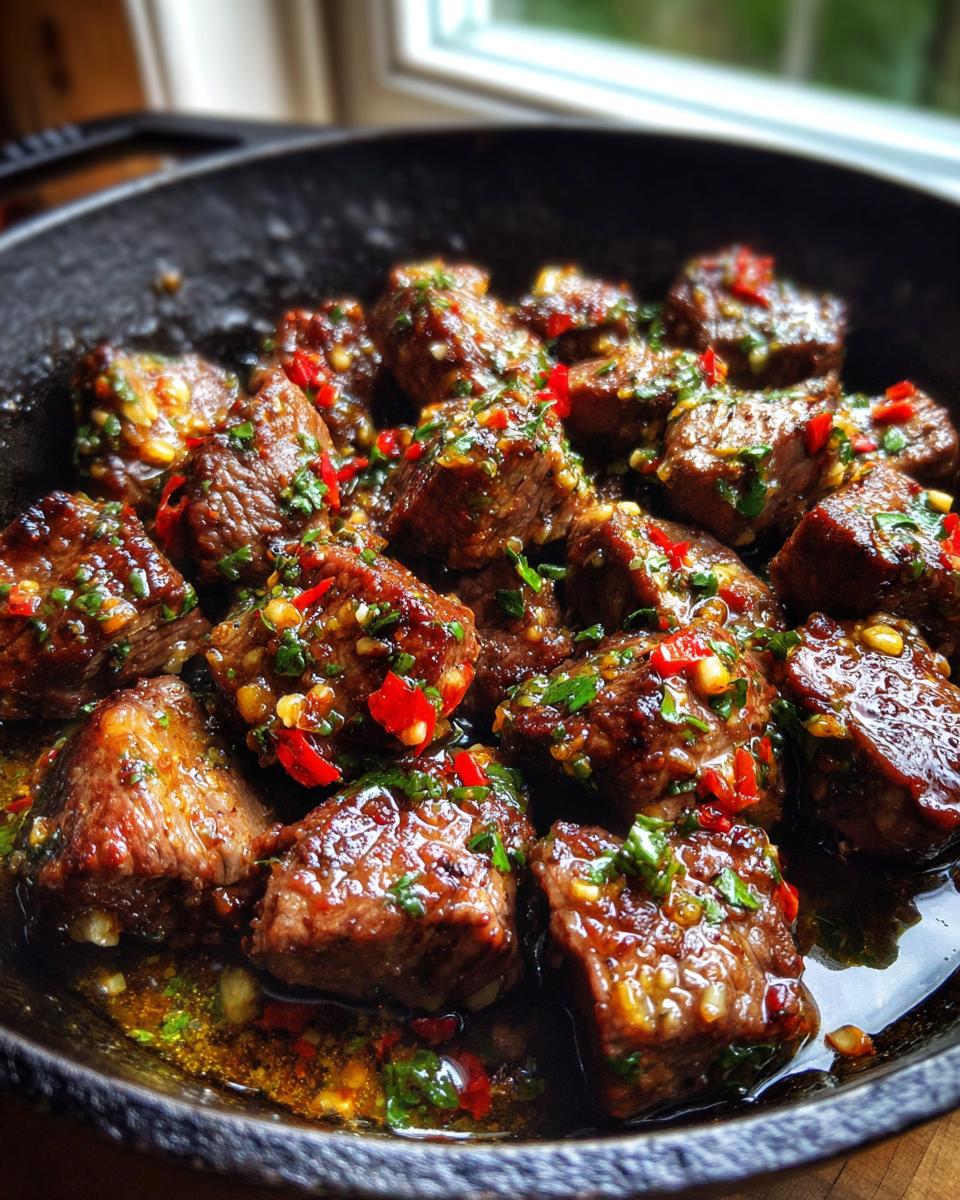 Close-up of juicy Easy Cowboy Butter Steak Bites in a cast iron skillet, topped with chili and herbs.