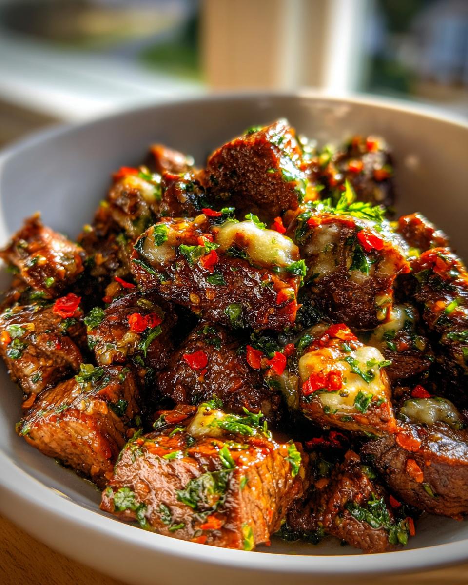 Close-up of Easy Cowboy Butter Steak Bites in a bowl, topped with melted butter, chili flakes, and fresh parsley.