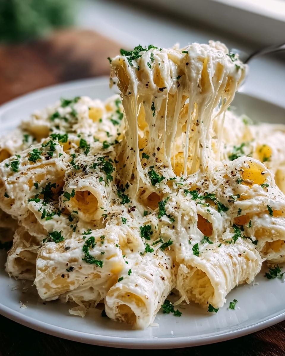 A fork lifting rigatoni pasta coated in a luscious, creamy white sauce, sprinkled with Parmesan and parsley.
