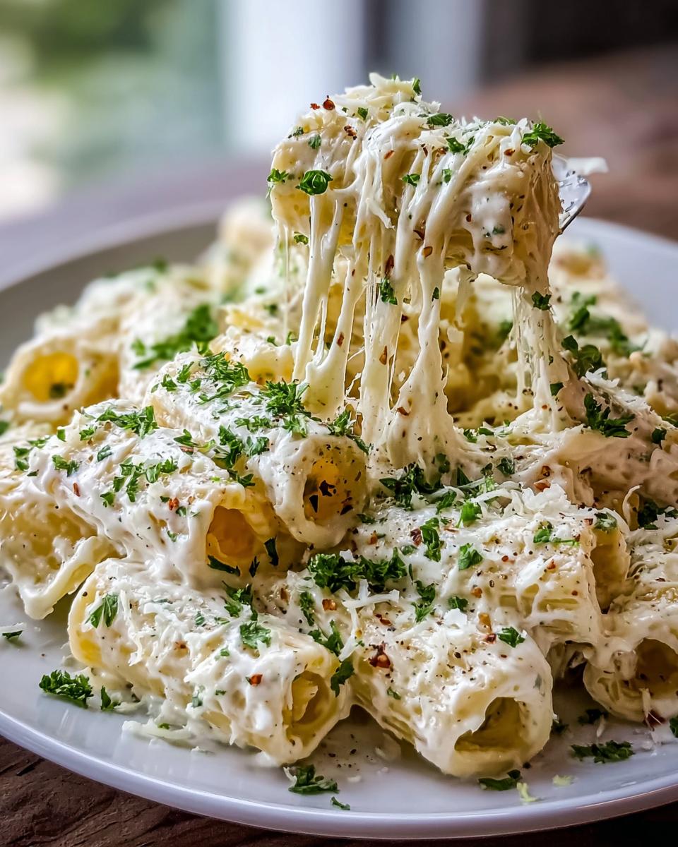 A fork lifts a portion of rigatoni pasta coated in a rich, creamy white sauce, with melted cheese stretching.