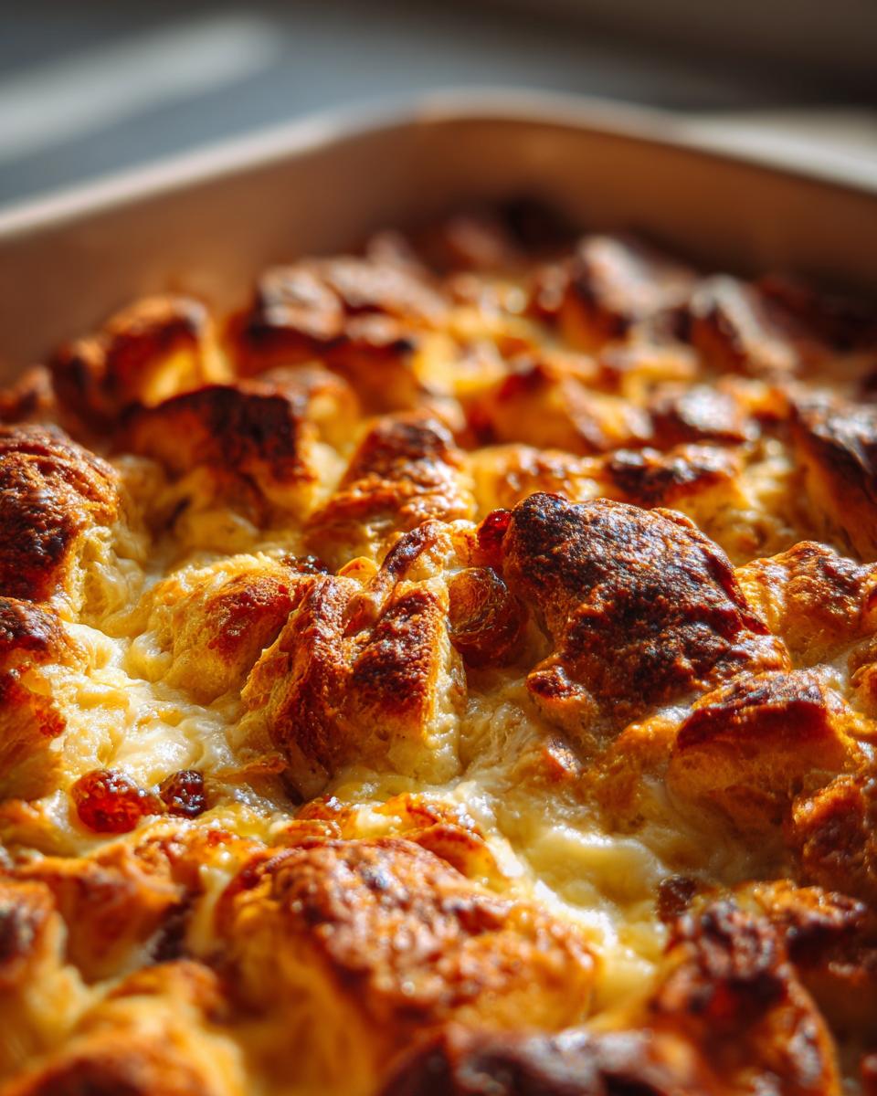 Close-up of a freshly baked easy croissant bread and butter pudding with golden brown crust and visible raisins.