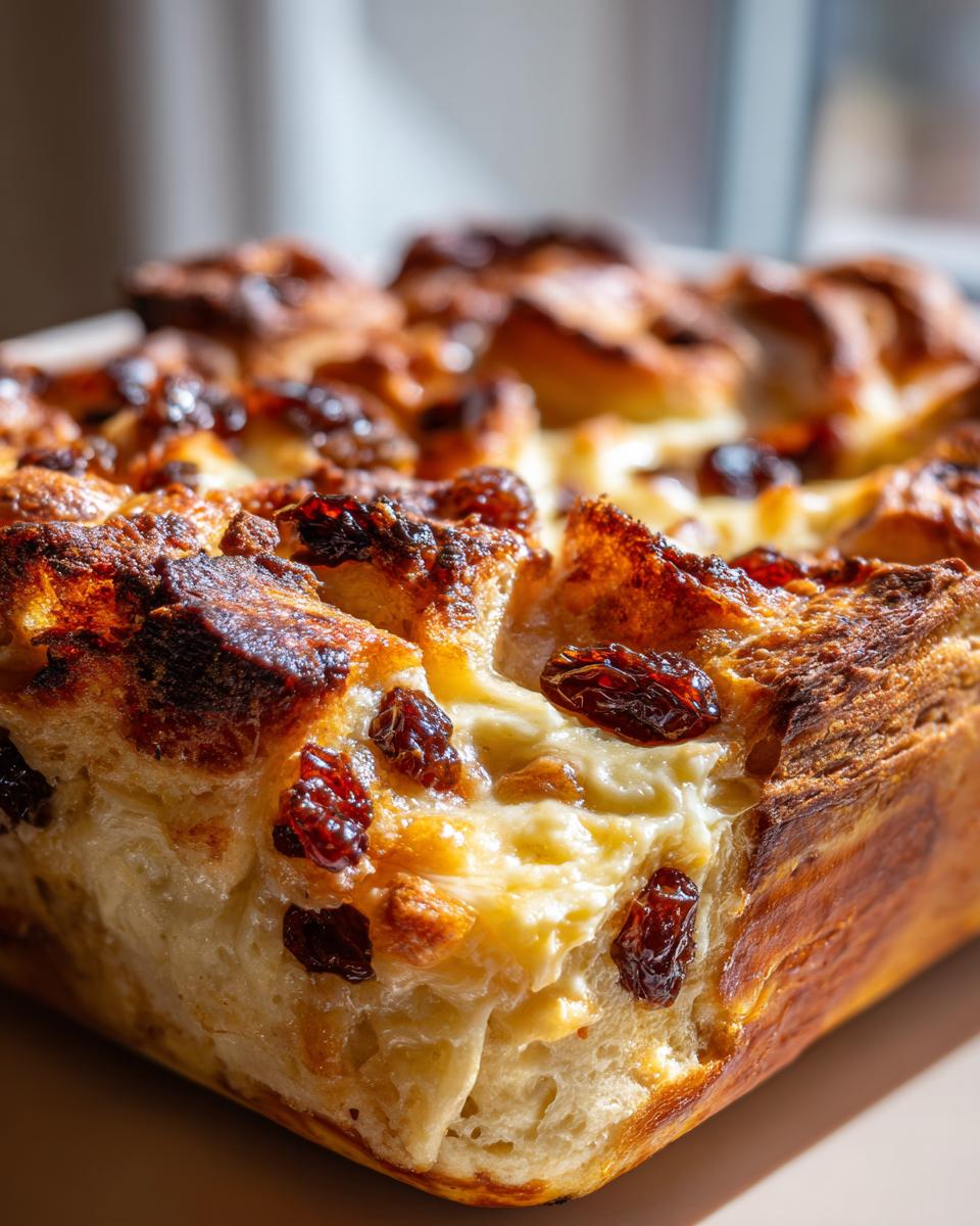 Close-up of an easy croissant bread and butter pudding baked with raisins and a creamy custard.