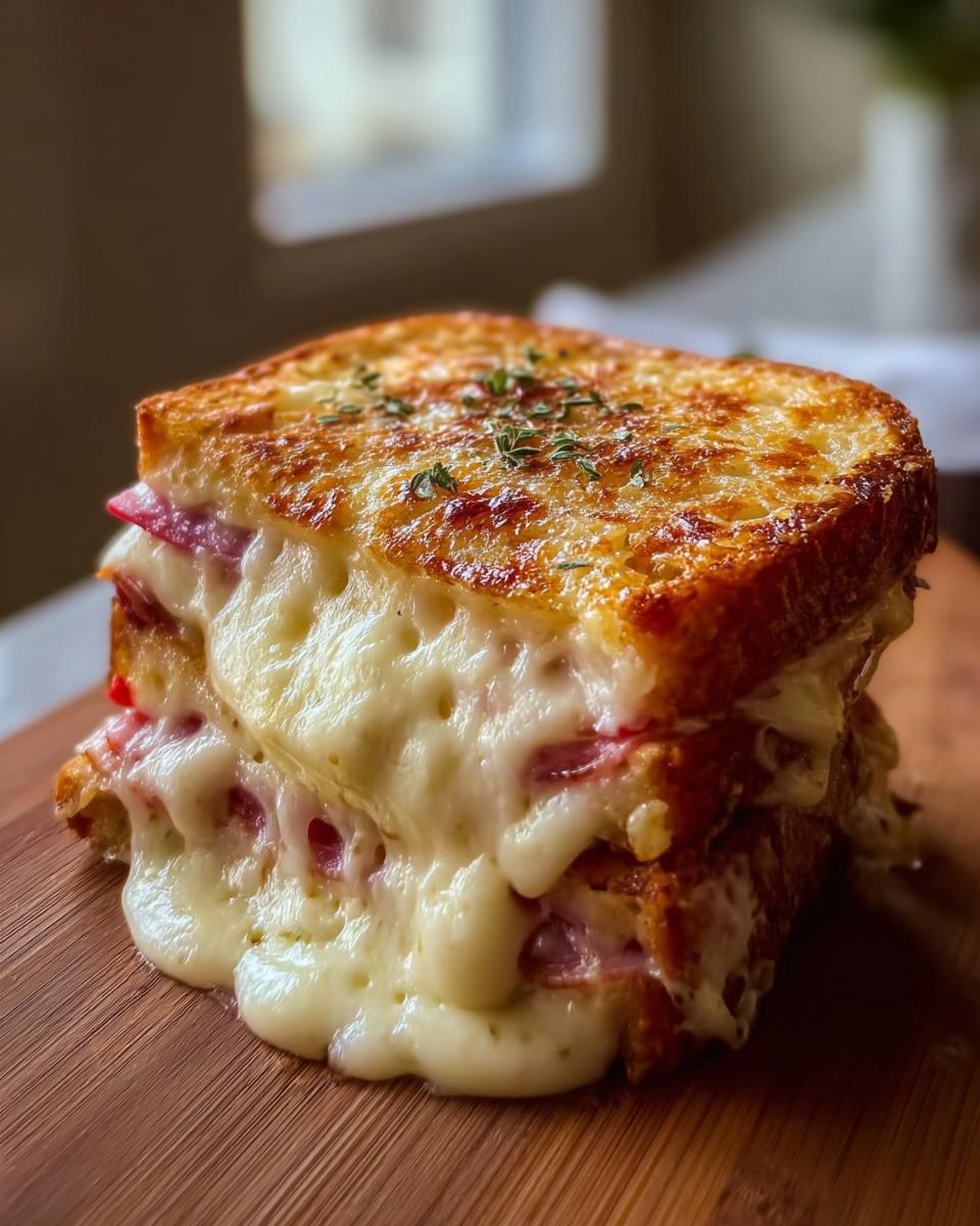A close-up of an Easy Croque Monsieur recipe sandwich, with melted cheese oozing out and a golden-brown toasted exterior.