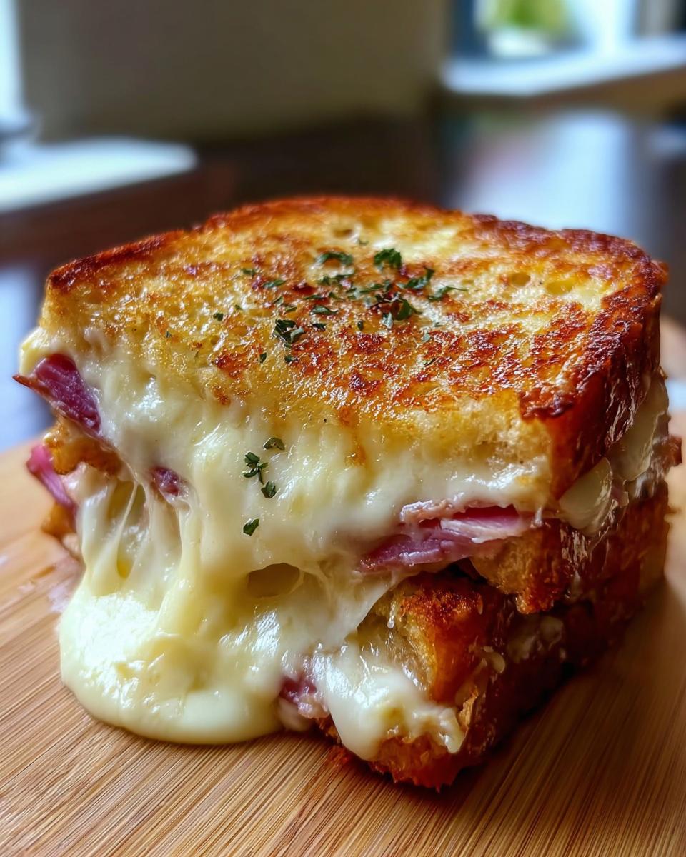 A close-up of an Easy Croque Monsieur Recipe sandwich oozing with melted cheese and layered with ham.