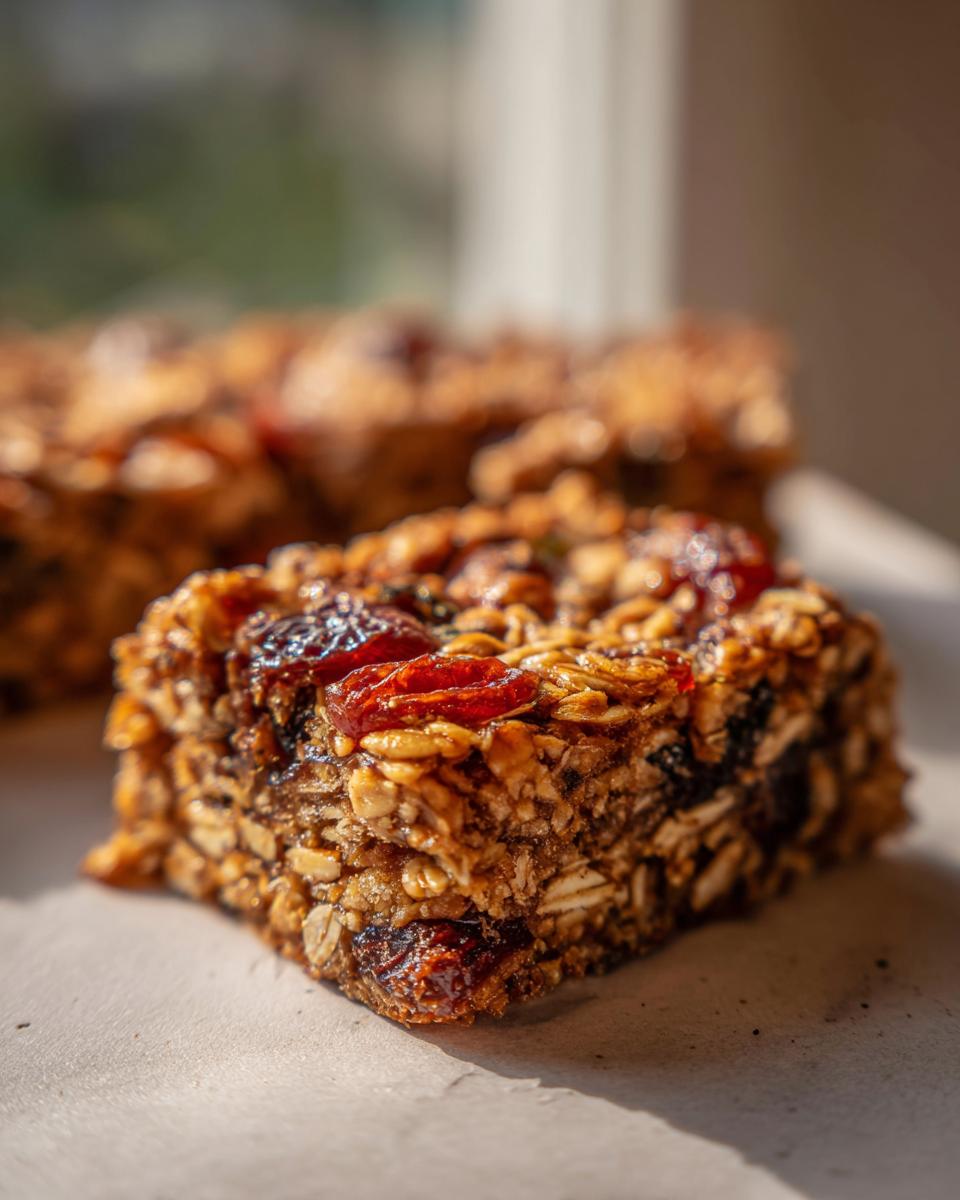 Close-up of a delicious easy fruit flapjack, packed with oats and dried fruit.