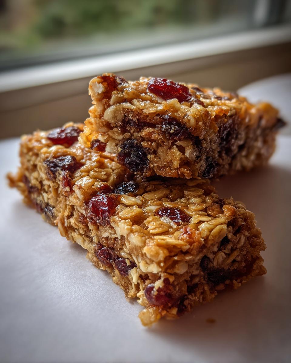Close-up of two easy fruit flapjacks made with oats, cranberries, and raisins, stacked on white parchment paper.