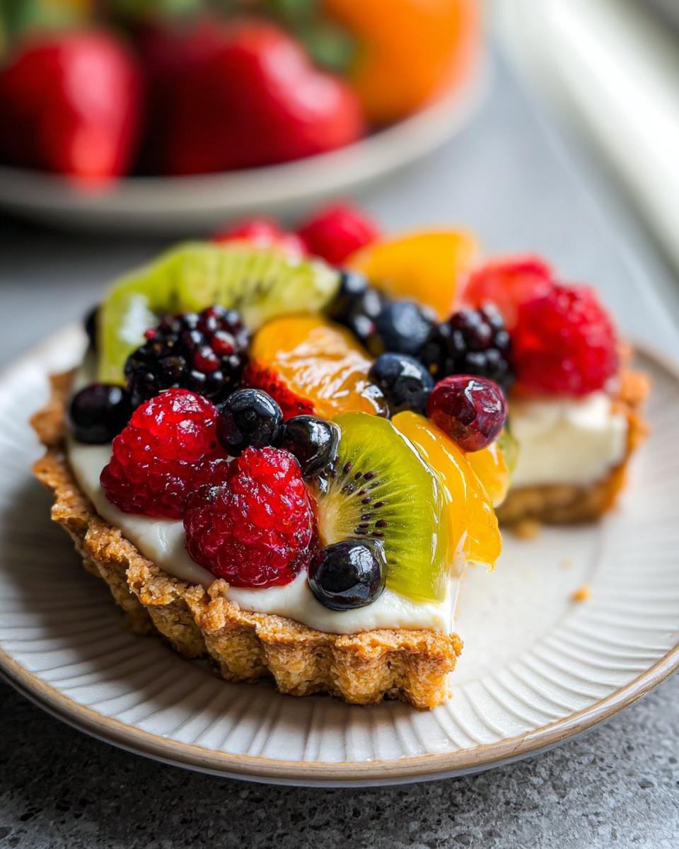 A slice of an easy fruit tart recipe, topped with fresh raspberries, blueberries, blackberries, kiwi, and orange segments.