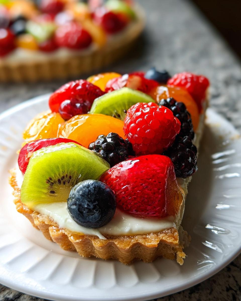 Close-up of a slice from an Easy Fruit Tart Recipe, topped with fresh strawberries, kiwi, raspberries, blueberries, and blackberries.