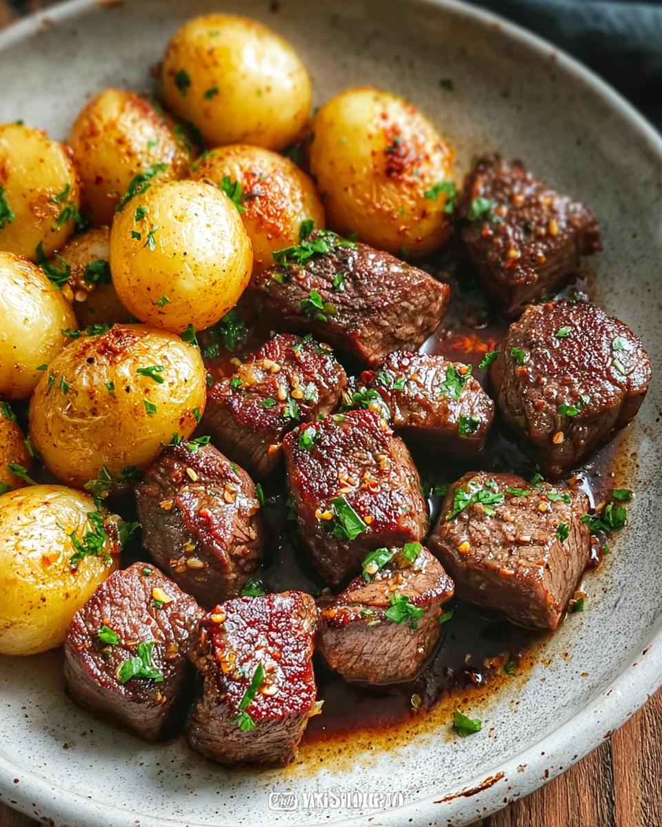 Close-up of a skillet filled with juicy garlic steak bites and golden roasted potatoes, garnished with parsley.