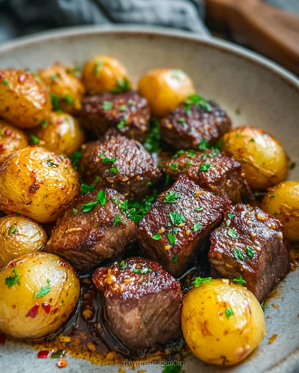 Close-up of juicy garlic steak bites and golden baby potatoes in a skillet, garnished with parsley.