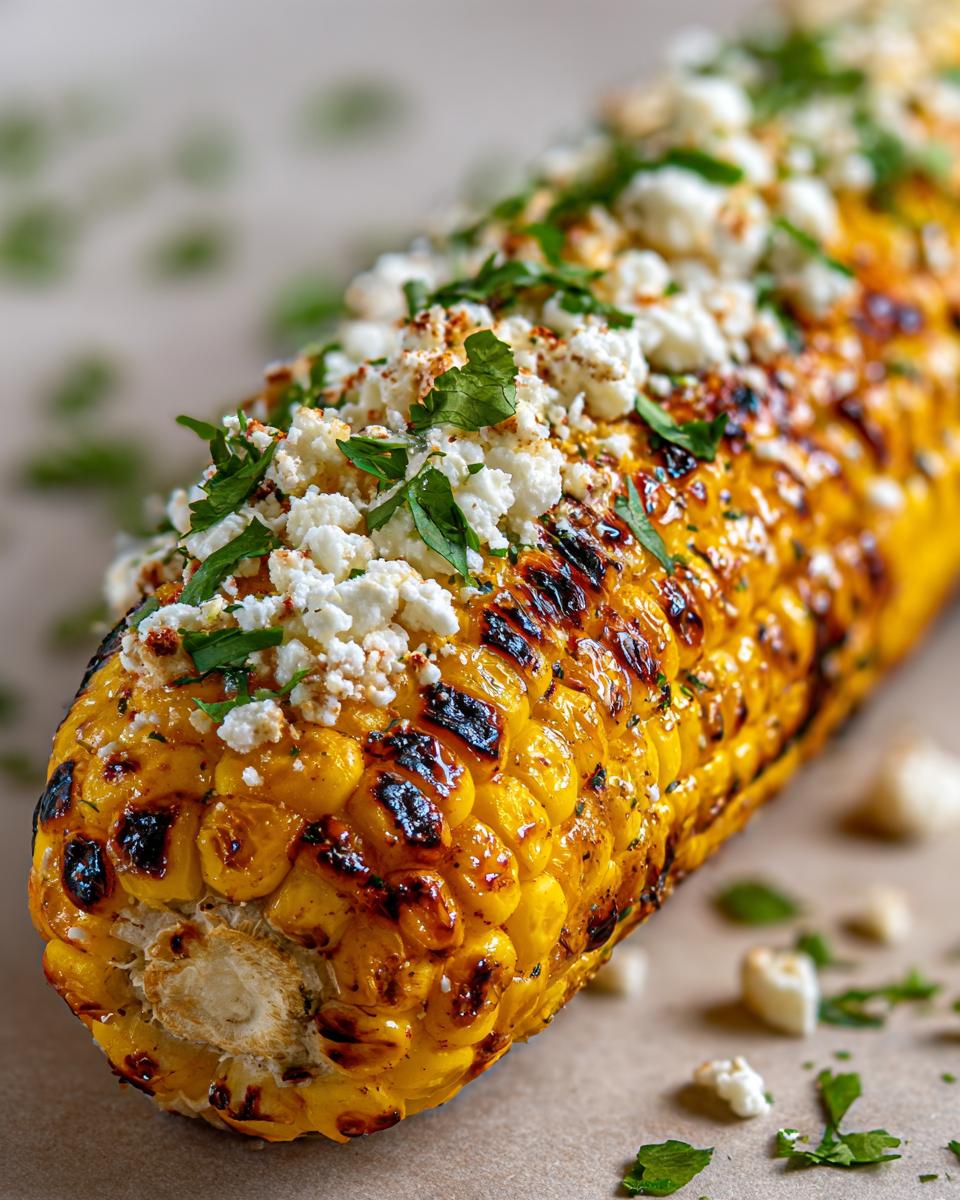 Close-up of a perfectly grilled corn on the cob, topped with crumbled cheese, fresh cilantro, and a sprinkle of chili powder.